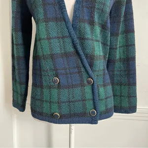 Pendleton • Navy Green Plaid Wool Blazer Sweater Cardigan Vintage thumbnail 3