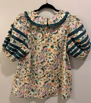 Entro Floral Detail Puff Sleeve V-Neck Peter Pan Collar Blouse Hunter Green Multi thumbnail 7