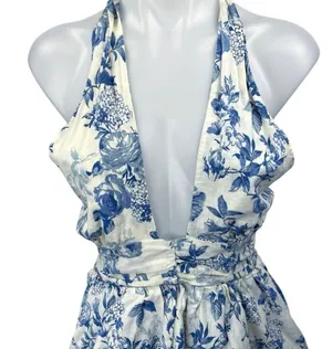 Olivaceous White Linen Floral Sleeveless Cami Halter Mini Fit & Flare Dress Sz L thumbnail 3