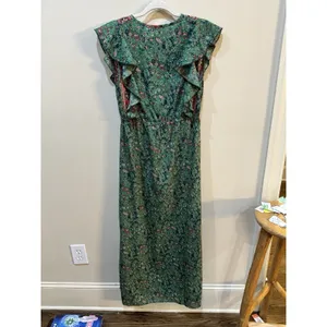 Boemo Ruffle Prairie Floral Green Paisley Maxi Dress V-Neck Ruffle Size Medium thumbnail 3