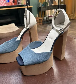Gianni bini Platform Block Heel Sandals - Blue Denim & Cream Ankle Strap thumbnail 1