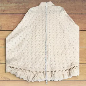 VTG 70's Cuddle Knit Cream Pointelle Button Front Cape Fringe Poncho Cottagecore thumbnail 5