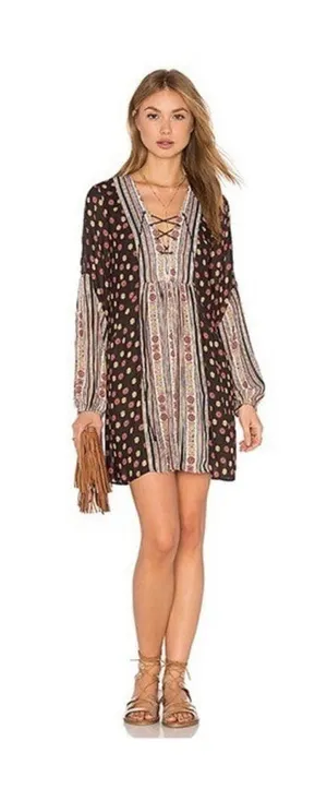 Free People Rain or Shine Pebble Bohemian Lace-Up Tunic Mini Dres Women's Size M thumbnail 1