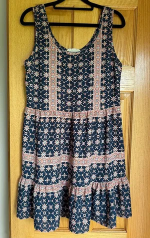 Sweet Journey Boho Tiered Mini Dress Sleeveless Geometric Print Navy Orange thumbnail 1