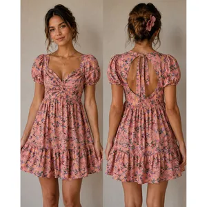 1709 | NWT Cottagecore Boho Floral Puff Sleeve Tie Back Mini Dress Pink Womens M thumbnail 2