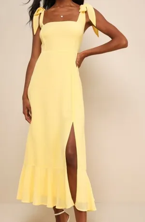 NEW Lulus Summer Invite Yellow Chiffon Tie-Strap Tiered A-Line Midi Dress Small thumbnail 1