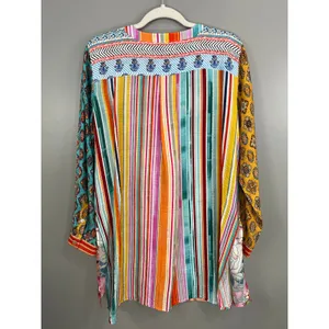 John Mark Tunic Top Womens Large Multicolor Great Floral Stripe Mixed Media thumbnail 5