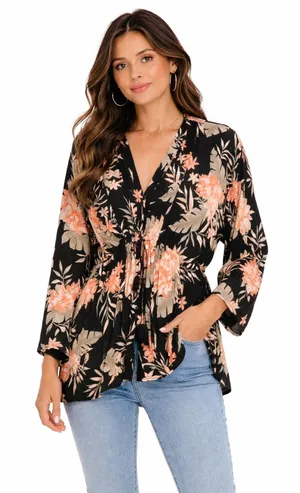 Billabong Black Floral Boho Kimono Top Peplum Waist Tie Women’s M/L thumbnail 1