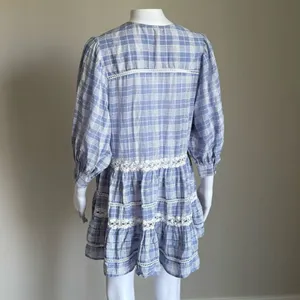 Free People Boho Lace Crotchet Plaid Puff Sleeve Top thumbnail 5