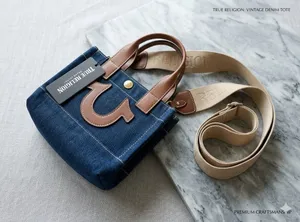 True Religion Navy Denim Mini Tote with Brown Leather Accents thumbnail 1