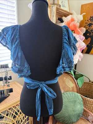 Free People Blue Cropped Flutter Sleeve Backless Boho Hippie Femme Peasant Top thumbnail 2