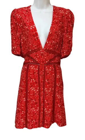 Free People Red Floral V-Neck Mini Dress Crochet Lace Trim Puff Sleeve Medium thumbnail 1