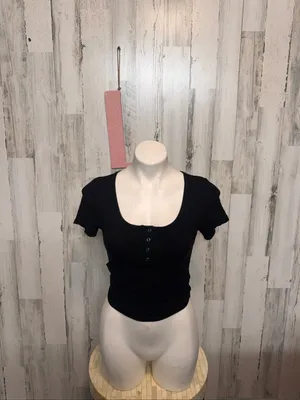 Bozzolo Ribbed Henley Crop Top Womens L Black Scoop Neck Short Sleeve Baby Tee thumbnail 4