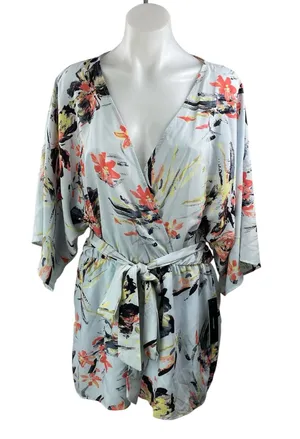 NEW Lulus Paraiso Light Blue 3/4 Sleeves Floral Wrap Kimono Jumpsuit Romper Sz L thumbnail 1