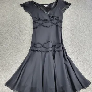 VTG Liz & Co Cocktail Dress Womens 8 Black Ruffled Detail V-Neck Flutter Sleeve thumbnail 3