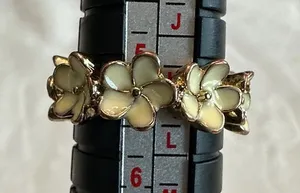 Gold Floral Enamel Band Ring - Cream Flowers- size 5 thumbnail 1