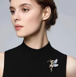 Cute New B.J. Golden Crystal Fairy Angel With Sparkly Acrylic Wings Pin Brooch thumbnail 2