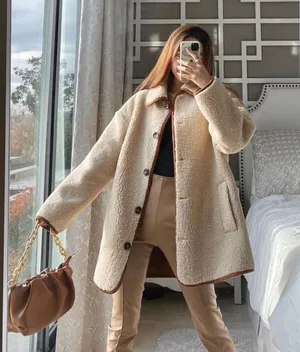 ZARA Tan Brown Cream Sherpa Suede Leather Button Down Coat Jacket thumbnail 1