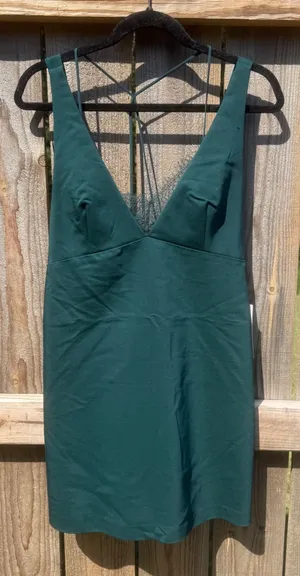 Zara Trafaluc Forest Green Lace Trim V-Neck Mini Dress Open Back NWT Size Large thumbnail 1