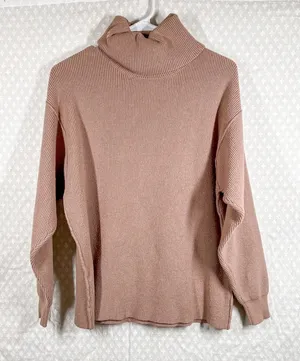Free People Women Sweater Sz S Tan‎ Ribbed Turtleneck Oversized Classic Warm thumbnail 1