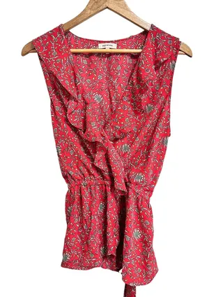 Max Studio Sleeveless red floral Top L Cottagecore Ruffle V Neck‎ Peplum thumbnail 1