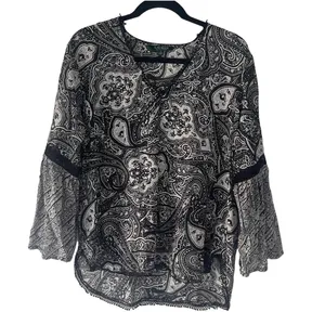 Lauren Ralph Lauren Size XL Black White Paisley Silk‎ Blend Blouse thumbnail 3