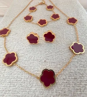 18K Gold Plated red wine Clover Necklace Set stainless steel womens jewelry thumbnail 1