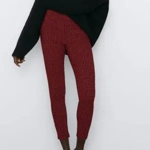 ZARA High Rise Stretch Gingham Flat Front Skinny Pants Button ZipUp L Red Black thumbnail 2