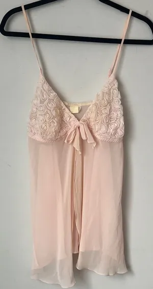 Y2K LA INTIMATES PRETTY IN PINK CHIFFON BABYDOLL NIGHTIE w/ROSEBUDS & BOW thumbnail 1