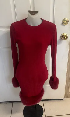 Large These Three Red Ribbed knit long sleeve faux fur Body con mini Dress. thumbnail 1