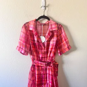 NWT STAUD Millie Dress Pink Plaid Sheer Maxi Bohemian Lagenlook Beachy Size 4 thumbnail 2
