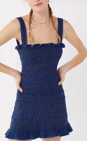 Urban Outfitters denim smocked mini dress size 6 thumbnail 1