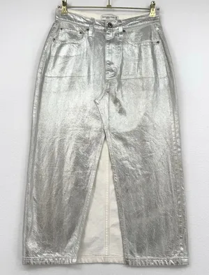Abercrombie & Fitch Silver Metallic Denim Midi Skirt High Rise Chic Boho Size 26 thumbnail 1