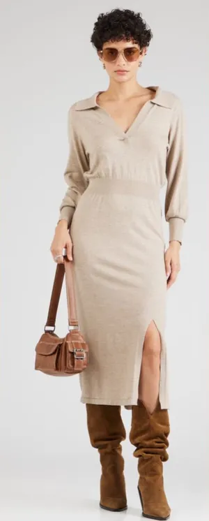 NICHOLAS Jade Midi Wool & Cotton Collared V Neck Long sleeve dress Oat Size‎ XS thumbnail 1