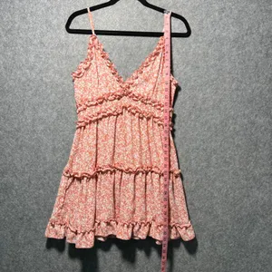 IRIS‎ Floral Ruffle Tiered Mini Summer Dress Coral Pink White Large thumbnail 2