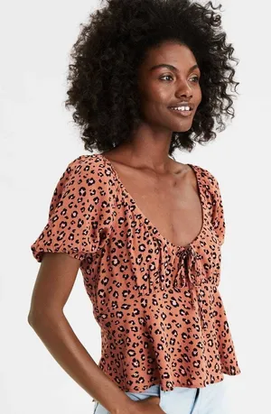 American Eagle Leopard Print Babydoll Top Rust Orange Puff Sleeve Boho Size XS thumbnail 1