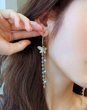 Gold Butterfly Crystal Pearl Long Tassel Dangle Drop Earrings for Women thumbnail 6