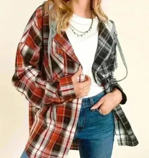 Rust and Charcoal Grey Plaid‎ Button Down Hoodie Top Orange thumbnail 1