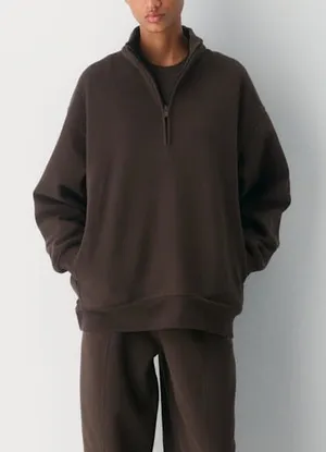 NWT SKIMS Boyfriend Cotton Fleece Slouchy Half-Zip Pullover in Espresso Brown thumbnail 1