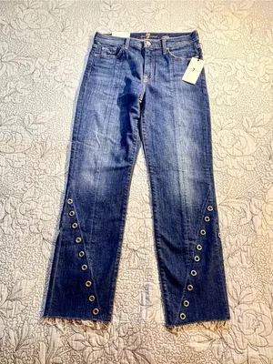 💥NWT 7 For All Mankind Edie High Rise Crop Straight Jeans Grommet Raw Hem~29🧡 thumbnail 3