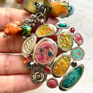 Colorful beaded silver tone pendant necklace thumbnail 3