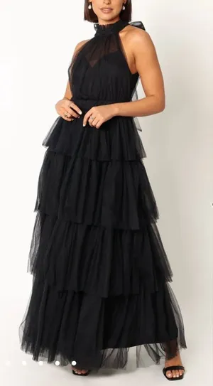 NWOT Petal and Pup Black FRANCES halter tulle tiered bow maxi dress sz S thumbnail 1
