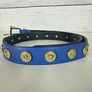 Vintage The Limited Blue Leather‎ Gold Lion Head Studded Sz Medium Italy Luxury thumbnail 3