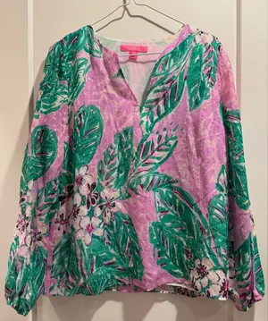 Lilly Pulitzer 92% Silk & metallic Pink& Green Tropical,Leaf Blouse Size S‎ thumbnail 1