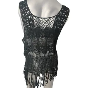 Black Crochet Fringe Vest Boho Chic Fairycore Knit Festival Tassels Badass Small thumbnail 3