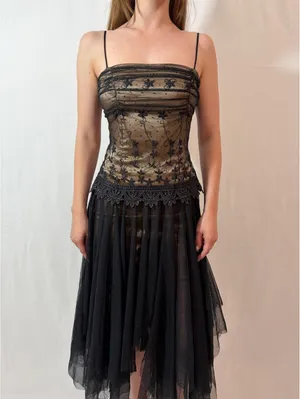Black Mesh Overlay Embellished Corset Vintage Masquerade Formal Dress thumbnail 6