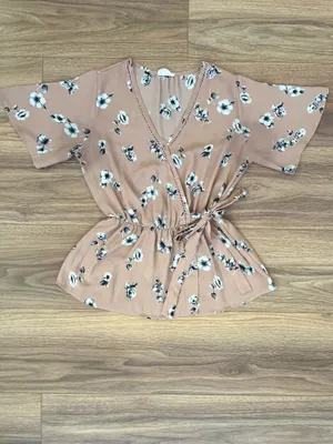 Sienna Sky Floral Wrap Blouse | Dusty Rose Kimono Sleeve Tie Waist Top | Size Small thumbnail 3