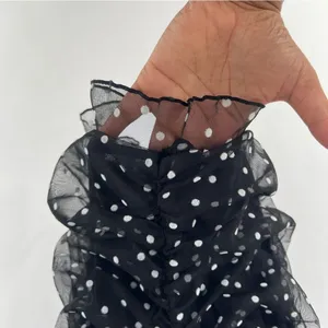 H&M Black & White Polka‎ Dot Mesh Puff Sleeve Ruffle Trim Ruched Mini Dress XXS thumbnail 6