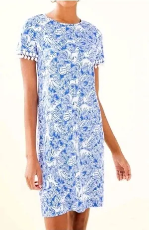 Lilly pulitzer lissie 100% pima cotton pom pom dress blue white foxes sz M thumbnail 1