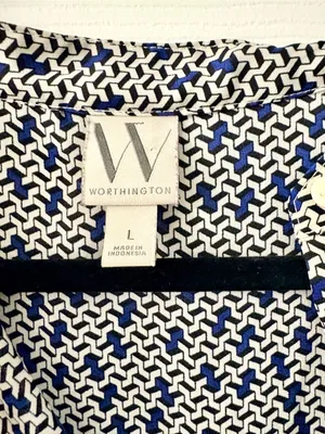 Worthington Blue & White Geometric Design Long-Sleeve Blouse size L thumbnail 3